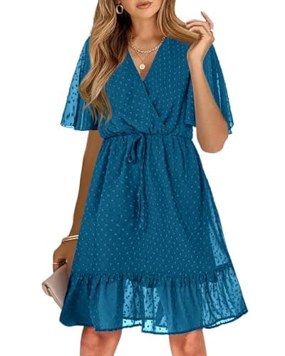 KIRUNDO Womens Summer Dresses 2026 Casual Spring Short Sleeve V Neck Ruffle Swiss Dot High Waist Belted Flowy Mini Dress, Style2-lake Blue, Medium - Image 1