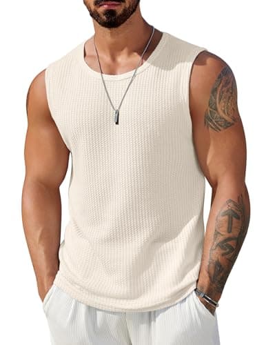 COOFANDY Men Waffle Sleeveless Shirt Black Mesh Knitted Tank Top Lightweight Breathable Tank Tops Men Casual Beige L - Image 1
