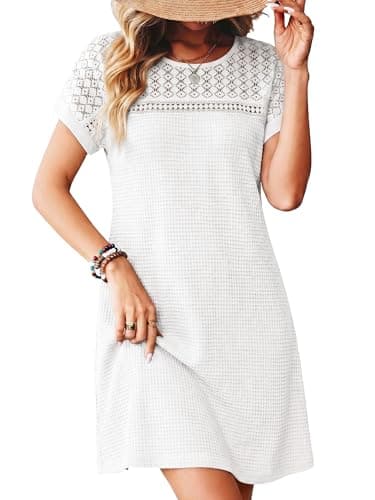 HDLTE Womens Beach Dress Crochet Swim Cover Up Beach Bathing Suit Cover Up Waffle Knit Casual Crew Neck Dress White - Image 1