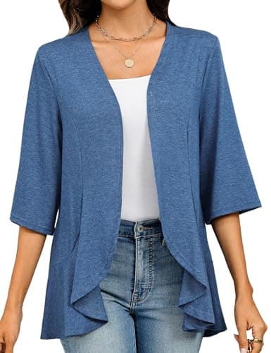 Totatuit Womens Lightweight Summer Cardigan 3/4 Sleeve Casual Loose Open Front Cardigans Ruffled Going Out Tops Denim Blue - Image 1