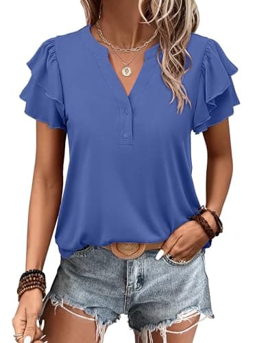 ANRABESS Womens Tops Dressy Casual Ruffle Short Sleeve V Neck Blouses Summer Button Down Business Work Elegant Shirts Blue Medium - Image 1