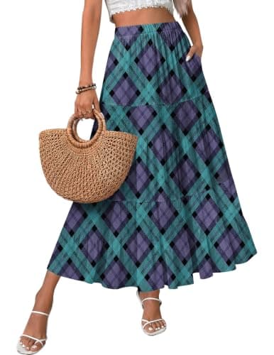 Zeagoo Plaid Skirt Women Elastic High Waist Skirts Casual Long Maxi Skirts Flowy Pleated Skirts Green Plaid S - Image 1