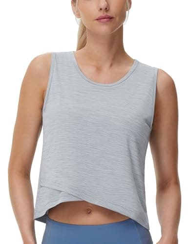 THE GYM PEOPLE Women's Workout Crop Tank Tops Sleeveless Cross Hem Loose Fit Athletic Yoga Shirts Heather Grey - Image 1