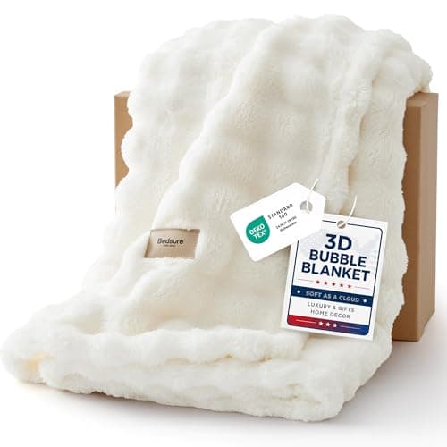 Bedsure 3D Fleece Bubble Blanket for Couch - GentleSoft Cute White Throw Blanket for Sofa Bed Room Decor - Luxury Soft Cozy Cloud Blanket Mothers Gifts for Women, Lightweight, Off White, 50"×60" - Image 1