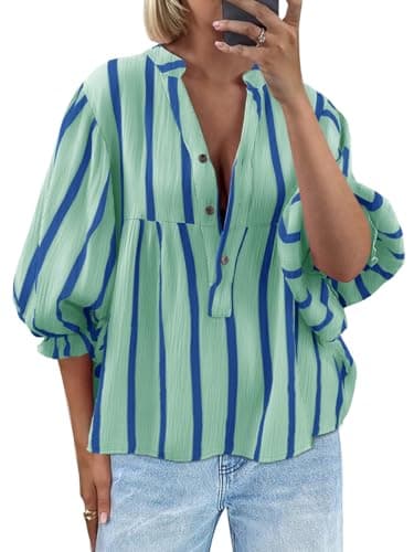 Tankaneo Womens Puff Sleeve Babydoll Tops Summer V Neck Striped Blouse Cute Casual Loose Fit Flowy Shirts Light Green - Image 1
