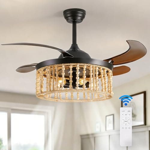 APBEAMLighting Boho Retractable Ceiling Fan with Lights 42 Inch Wood Beaded Chandelier with Fan Farmhouse Black Rattan Fandelier with Brown Retractable Blade for Bedroom Kids Room Girls Room Kitchen