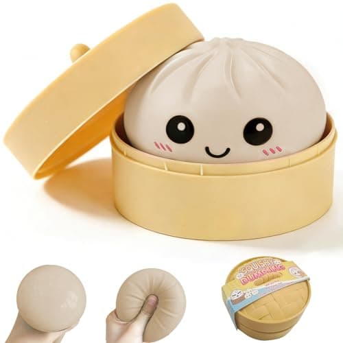 Dumpling Squishy Stress Ball, JHSRVER Mystery Dumpling Squishies, Dumplings Stretchy Desk Toy, Handmade Squeeze Toys, Bun Dough Sensory Fidget Toy with a Steame (Beige) - Image 1