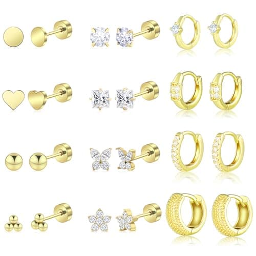 Wgoud 12 Pairs Hypoallergenic Surgical Steel Earrings for Sensitive Ears Waterproof Trendy Gold Plated Small Stud Flat Back Stainless Steel Earrings for Women Men Hoop Cartilage Earring Set for Multiple Piercing (Gold-tone) - Image 1