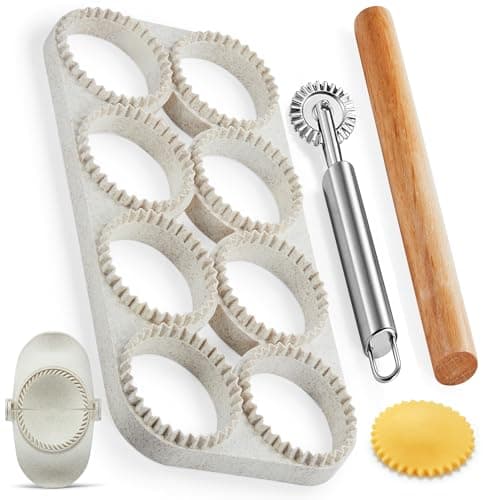 MUMSUNG Ravioli Maker Press, Ravioli Press Mold Set - Round Ravioli Stamp Maker Cutter with Wood Rolling Pin, 2.6" Empanada Maker Press Kit and Ravioli Wheel, Makes 8 Ravioli - Image 1