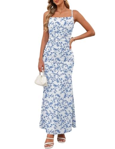 Zelroxa Women Blue Floral Slip Dress Sleeveless Spaghetti Strap Ruched Bodycon Vacation Sundress Beach Wedding Backless Square Neck Bandage Pastel Italian Long Summer Dresses - Image 1