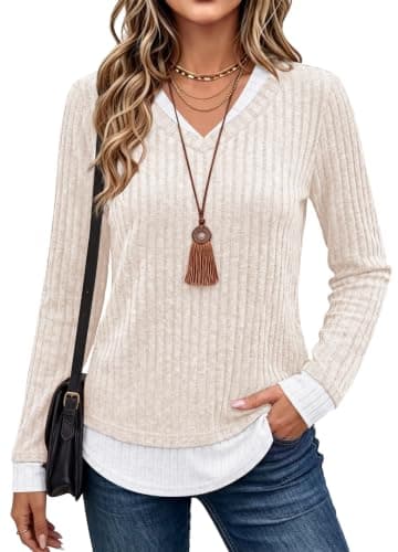 WIHOLL Plus Size Tops for Women Long Sleeve Fall Clothes Pure Apricot 2XL - Image 1