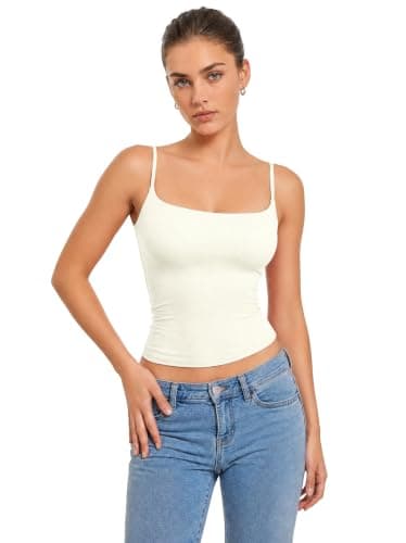 Women Summer Tank Top Trendy Y2K Going Out Top Spaghetti Strap Double Line Sexy Square Tanks Tops Woman Casual Basic Cami Shirts (Cream White,M)