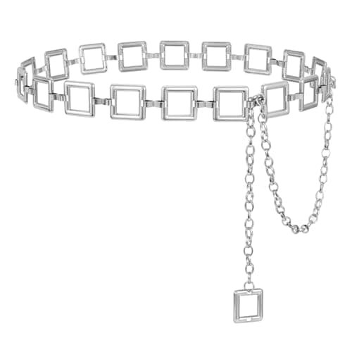 WHIPPY Metal Waist Chain Belt Women Adjustable Body Link Belts Ladies Fashion Chain for Jeans Dress, Silver Square S - Image 1