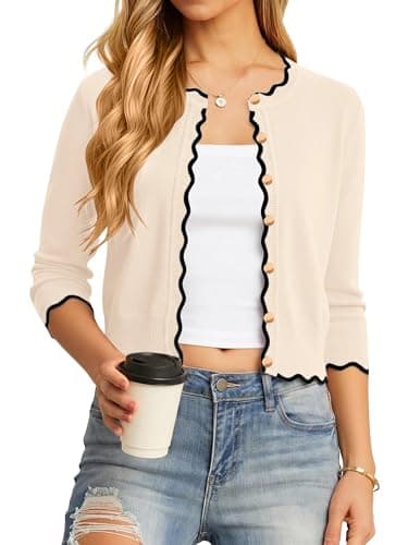 Biodeer Spring Summer 2026 Women's Scalloped Knit Cardigan Sweaters 3/4 Sleeve Crop Crewneck Button Down Shrug Khaki - Image 1