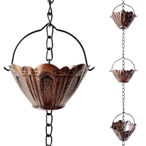 gronhof Copper Lotus Rain Chain 8.7 FT, Decorative Metal Rain Catcher with 12 Cups, Gutter Downspout Replacement - Image 1