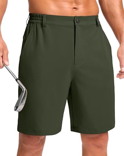 Pudolla Men's Casual Shorts 9" Lightweight Golf Shorts with 3 Pockets Stretch Quick Dry Comfy Work Shorts(Army_Green 9_M - Image 1