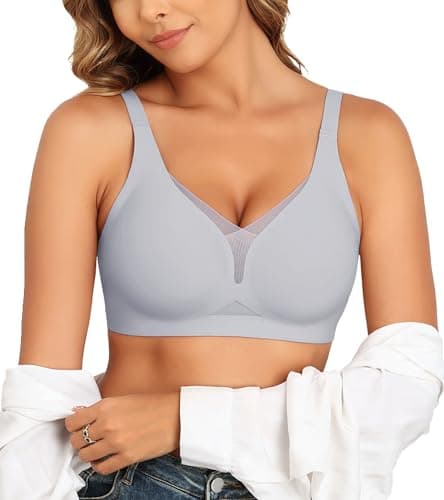 As Fairy Womens Wireless Seamless Deep V Neck Mesh Bras Gray Blue - Image 1