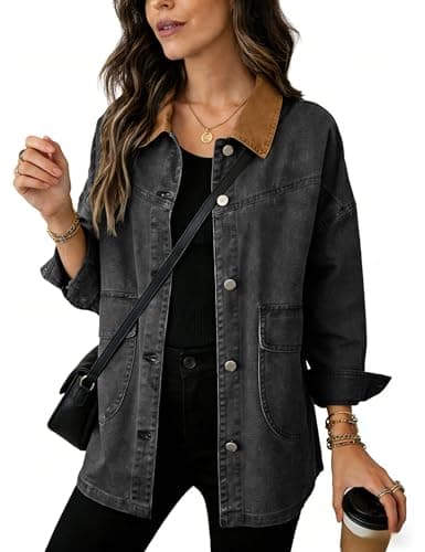 Yeokou Women's Oversized Contrast Collar Denim Barn Jacket Button Down Big Pockets Spring Fall Transitional Outfits(Grey-M) - Image 1