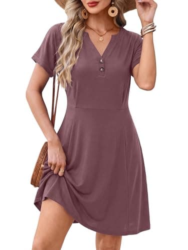 AUMORA Summer Dresses for Women 2026 Casual T Shirt Dress V Neck Short Sleeve with Pockets Loose Beach Vacation Dress Purple - Image 1