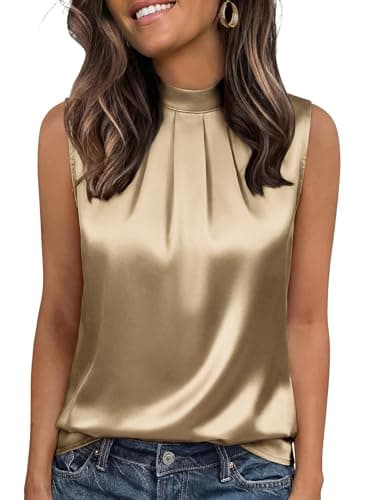 Funlingo Satin Camisole for Women Summer Dressy Casual Blouses Mock Neck Basic Tops Sleeveless Winter Date Night Undershirt Khaki 2XL - Image 1