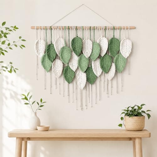 VEKALON Macrame Wall Art Tapestry - Large Boho Chic Woven Wall Hanging Decor for Bedroom, Modern Bohemian Leaf-Shaped Decorations for Office, Living Room, Bathroom(Sage Green) - Image 1