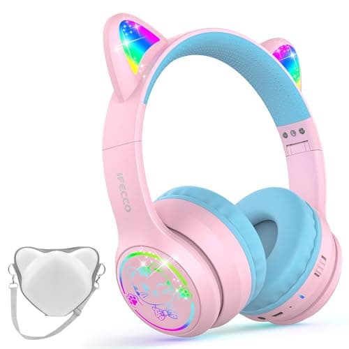 IFECCO Kids Wireless Headphones with Case,Cute LED Light Up Cat Ear Children Girls Bluetooth 6.0 Headphones Volume-limiting for School iPad Tablet Gifts - Image 1