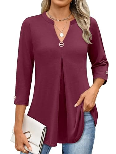 ANRABESS Womens Tops Business Dressy Casual Blouses 3/4 Length Sleeve Shirts 2026 Fall Work Tunic Tee TShirts Office Outfits Burgundy Medium - Image 1