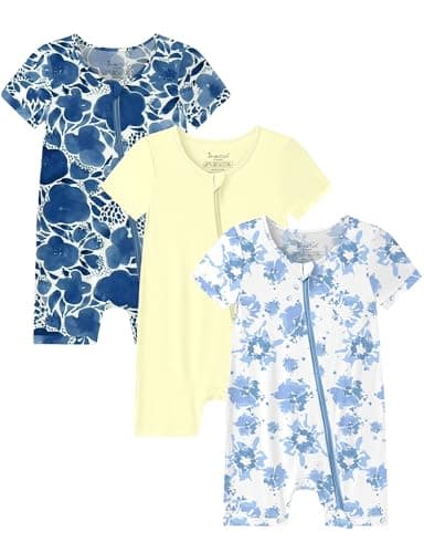Jimonda Baby Romper Short Sleeve Footless Jumpsuit Rayon From Bamboo Boy Girl Summer Clothes 2-Way Zipper Pajamas 3-Pack(Watercolor floral&Cream&Botanical print,0-3 Months) - Image 1