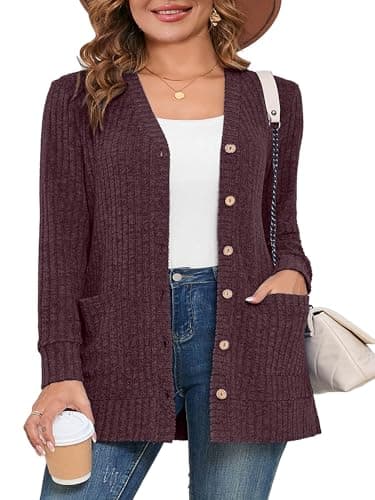 AusLook Plus Size Women Long Sleeve Cardigan Brown 3X Open Front Button Down Lightweight Casual Sweater Cover Ups Shrugs Shawls and Wraps Kimono Jacket Coat with Pockets - Image 1