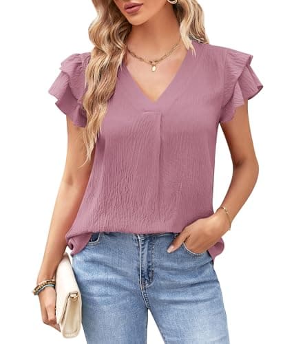 MOLERANI Women's V Neck Summer Tops Short Sleeve Dressy Casual Blouse Business Shirts for Office Work Stylish Outfits 2025,Bean Red,M - Image 1