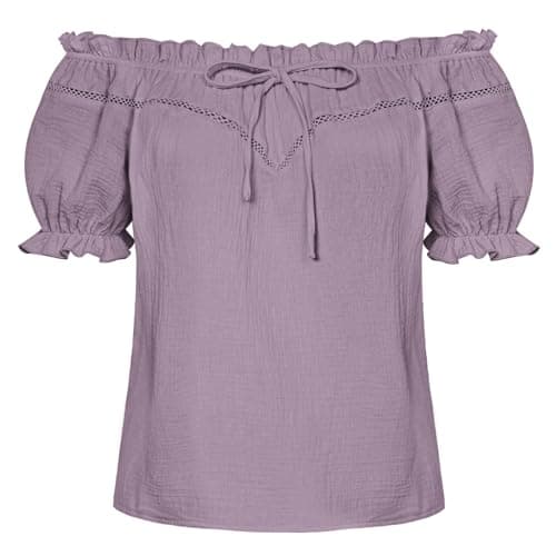 Peasant Blouse for Women Off Shoulder Puff Sleeve Cotton Loose Summer Tops Grey Purple XL - Image 1