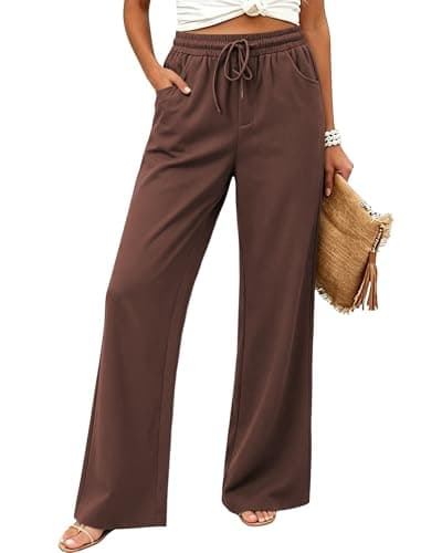 JEKAOYI Wide Leg Pants for Women Flowy Palazzo Drawstring Elastic Waist Trousers with Pockets Summer Beach Vacation Pants Brown - Image 1
