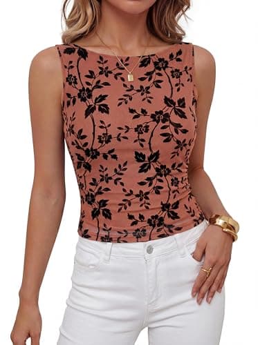 BTFBM Womens Tank Tops 2026 Summer Floral Mesh Sleeveless Boat Neck Slim Fit Shirts Casual Spring Ruched Going Out Top(Brown, X-Small) - Image 1