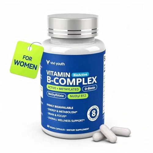 VIVI Youth B Complex Vitamins for Women - NSF Certified BioActive B12, Methylfolate - Full Spectrum Methylated B Complex for Energy, Brain, Mood & PMS Support - MTHFR Friendly - 60 Vegan Capsules - Image 1
