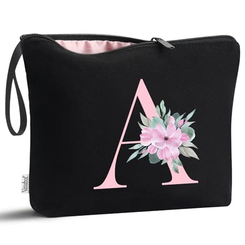 Vavabox A-Z Personalized Makeup Bag, Birthday Gifts for Women Mom, Gifts for Best Friend, Bride Bridesmaid Cosmetic bag (A, Black) - Image 1
