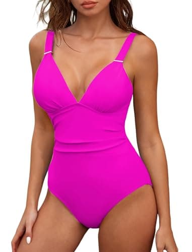 ZAFUL Womens Sexy V Neck One Piece Swimsuit Ruched Tummy Control Bathing Suit Backless Slimming Monokini (Hot Pink, Small) - Image 1