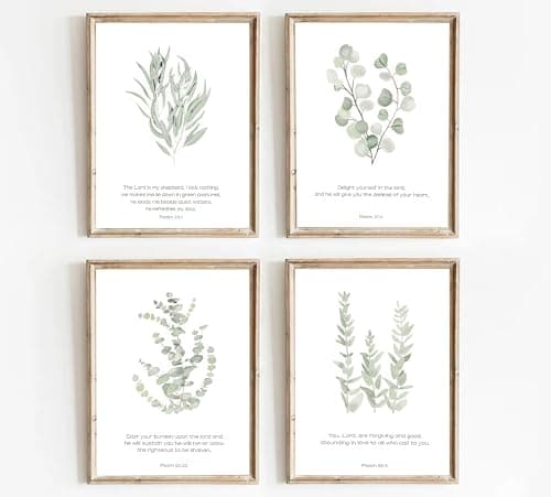 4 Pcs Inspirational Bible Verses Wall Art Christian Scripture Sage Green Eucalyptus Leaf Botanical Poster Painting Picture Wall Decor Canvas Print Artwork for Office Bathroom Bedroom Home Decoration