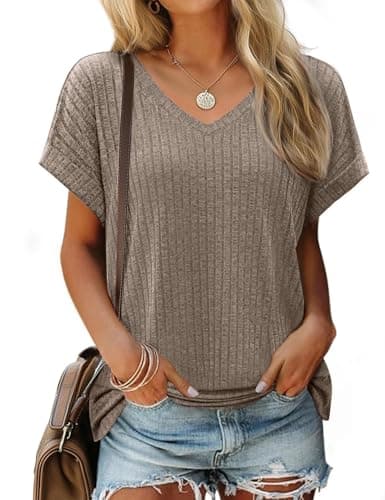JUSTFASHIONNOW Cute Summer Short Sleeve Tops Womens Dressy Casual Side Split Tops V Neck T Shirts 2026 Fashion Loose Clothes Khaki S - Image 1
