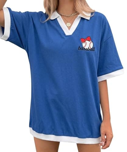 Women Baseball Game Day Shirt V Neck Short Sleeve Graphic Tee Bow Print Sporty Casual Top for Baseball Fans Blue - Image 1