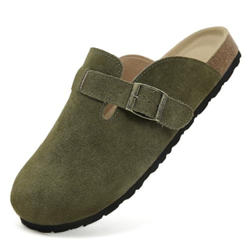 Dumalum Clogs for Women Mens Suede Leather Slip on Shoes Cork Footbed Mules Sandals with Arch Support Unisex Slippers Green - Image 1