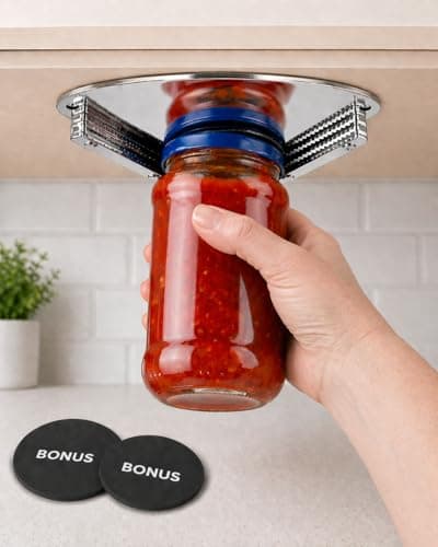 Under Cabinet Jar Opener for Seniors with Weak Hands, All Metal Easy Grip Lid Opener Under Cabinet for Arthritis Hands, Bonus 2 Rubber Jar Openers - Image 1