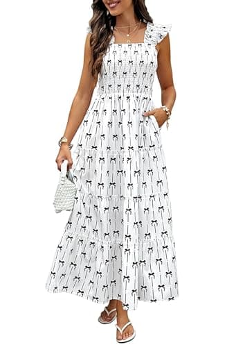 ECOWISH Women's Summer Maxi Dress 2026 Casual Sleeveless Square Neck Smocked Ruffle Bow Tiered Flowy A Line Beach Sundress White Small - Image 1