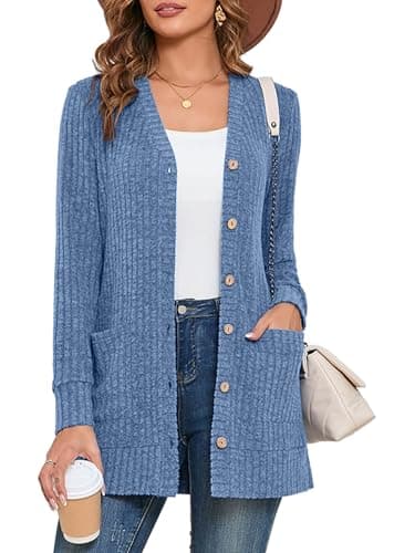 Heymoments Women's Long Sleeve Open Front Cardigan Blue Small Button Down Ladies Loose Sweater 2026 Fall Winter Lightweight Knit Outerwear Coat with Pocket - Image 1