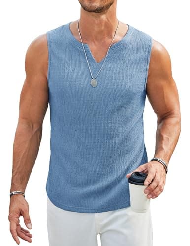 COOFANDY Men Sleeveless Muscle Shirt V Neck Wide Strap Tank Top Knit Sleeveless Breathable T Shirts Slim Fit Blue - Image 1