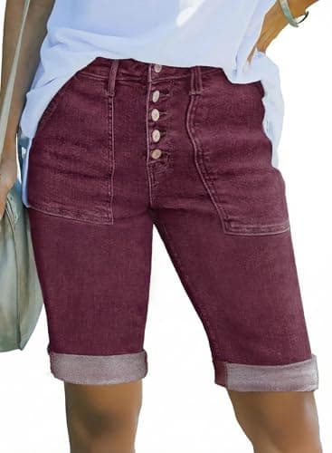 Sidefeel Womens Shorts Casual Trendy High Waisted Stretchy Button Fly Denim Shorts Folded Hem Bermuda Summer Shorts Burgundy Size 8 - Image 1