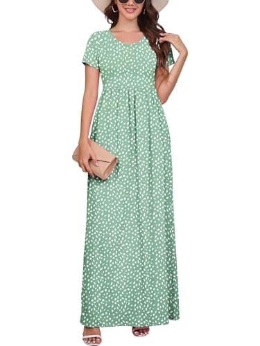 DEARCASE Women's Short Sleeve Maxi Dresses Green White Leaflet Small Loose A-line Casual Party Vintage Spring Summer Flowy Beach Sundress Hawaiian Boho Vacation Casual Long Dress with Pockets - Image 1