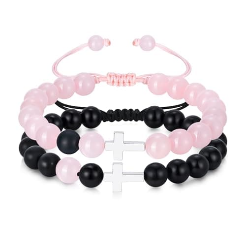 Couple Bracelet Cross Jewelry Gifts - S925 Sterling Silver 2Pcs Rose Quartz Black Agate Matching Unique Bead Adjustable Rope Romantic for Boyfriend Girlfriend Christmas Valentine Anniversary Birthday - Image 1