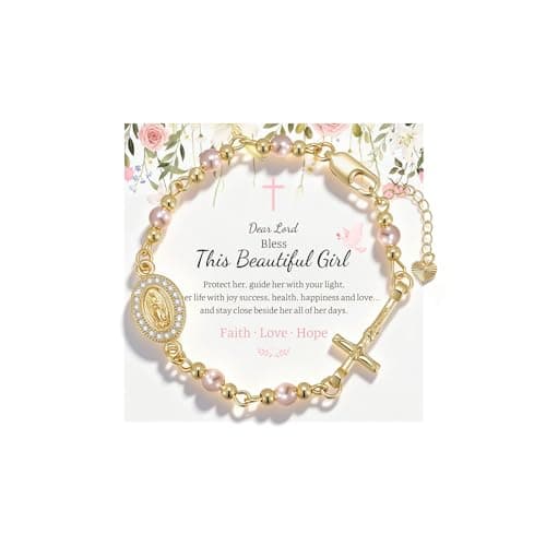 Catholic Crucifix Rosary Bracelet Gifts for Women-14K Gold Plated Simulated Pink Pearl Rosary Beads Virgin Mary Jesus Cross Charm Link Chain, Virgen de Guadalupe Religious Gift for Confirmation Baptism - Image 1