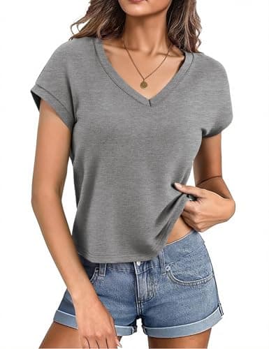 Totatuit Women Boxy Cropped Tees V Neck Loose Fit Short Summer Tshirts Short Sleeve Plain Tops Workout Gym Shirts Beach Vacation Clothes Dark Grey XX-Large - Image 1