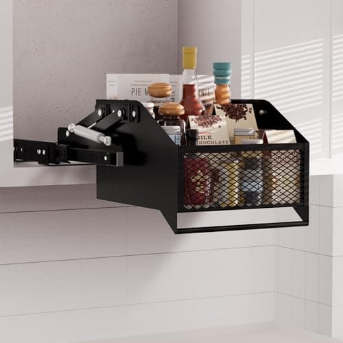HOUSE AGAIN Pull-Down Cabinet Organizer for High/Deep Cabinets, Drop Down Spice Rack, 12.6" Out & 1.8" Down, Dual Install (Screw/3M Tape), Fits Frameless, for Spices, Snacks and Small Bottles (Black) - Image 1